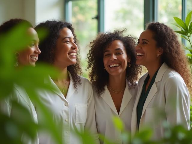 Diverse team at Rainforest Bloom smiling and working happily in a lush, natural-looking setting, embodying passion and engagement