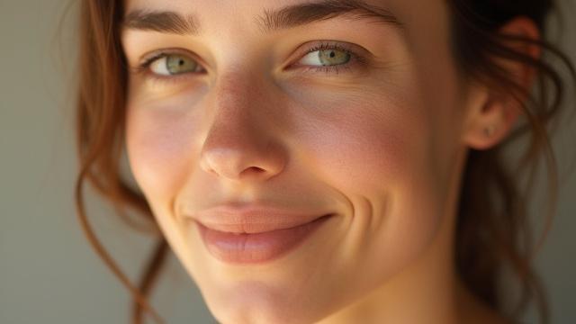 After using Bio-Retinol Night Serum for 8 weeks, improved skin texture and reduced hyperpigmentation on a woman's cheek and forehead.