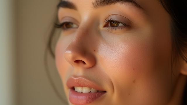 Before using Bio-Retinol Night Serum, uneven skin texture and hyperpigmentation on a woman's cheek and forehead.