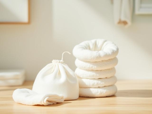 Reusable Bamboo Cotton Rounds with a mesh laundry bag.