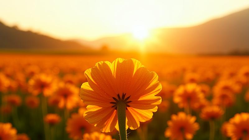 A field of bright orange calendula flowers under a blue sky at dawn, on an Oregon farm.