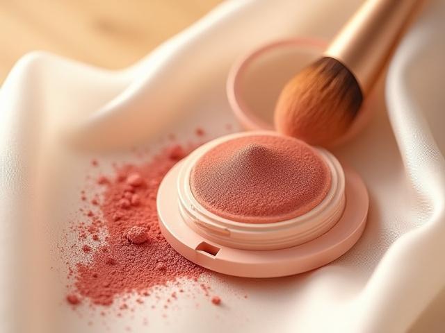 Silky powder blush and bronzer compacts on a soft, textured surface.