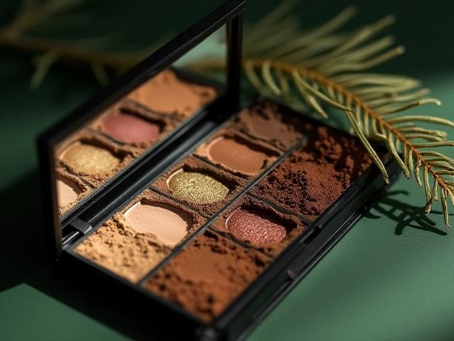 Richly pigmented eyeshadow palette with various natural shades and a precise eyeliner brush.