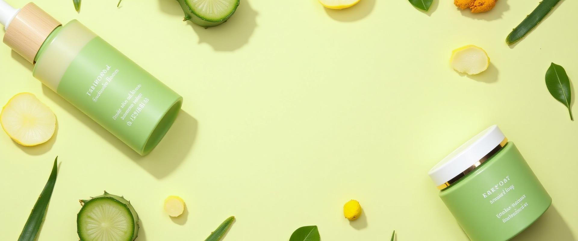 A flat-lay of Rainforest Bloom skincare products with fresh aloe leaves and turmeric root