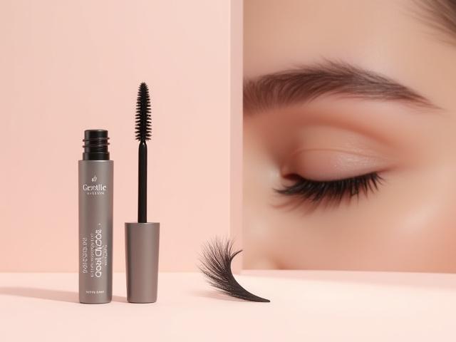 Gentle Lash Mascara tube with a perfectly fanned-out, dark lash effect.